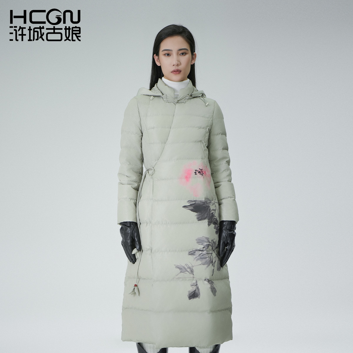 浒城古娘之国风印花气质冬季保暖长款中式含香羽绒服-11D22270