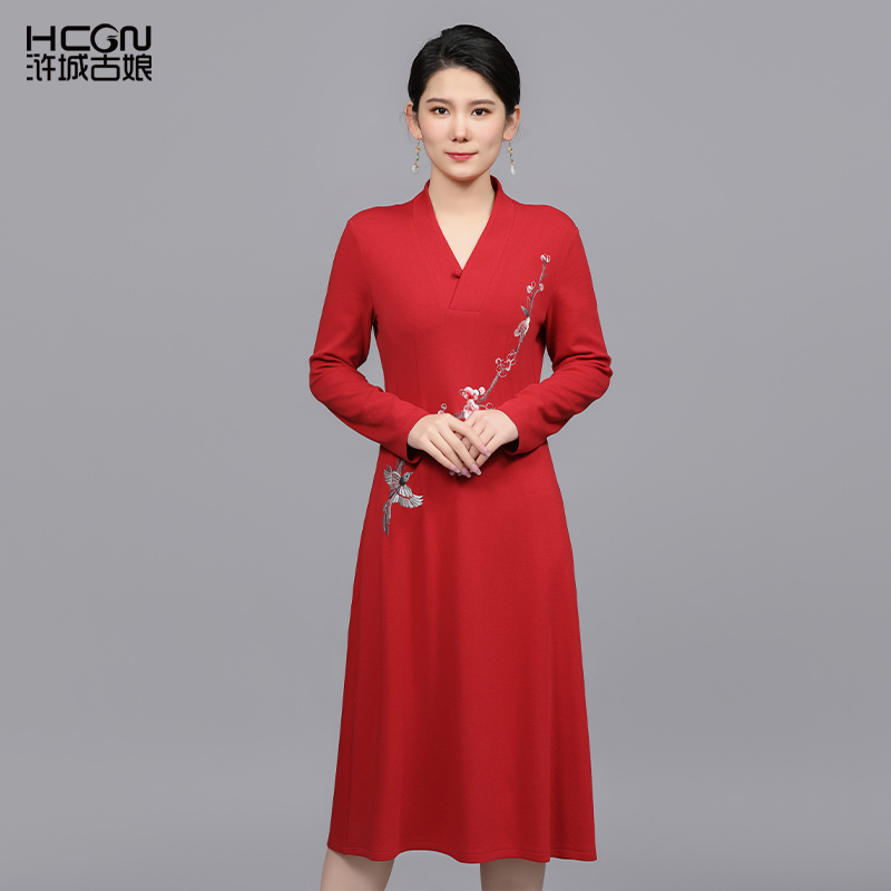 红色中国风女装春夏礼服婚宴百搭女加绒梅花连衣裙妈妈装ACL17838