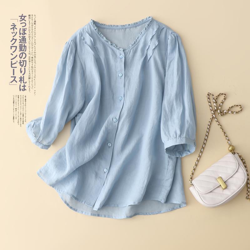 大码宽松七分袖衬衫女2024夏季新款文艺复古遮肉显瘦纯色气质洋气
