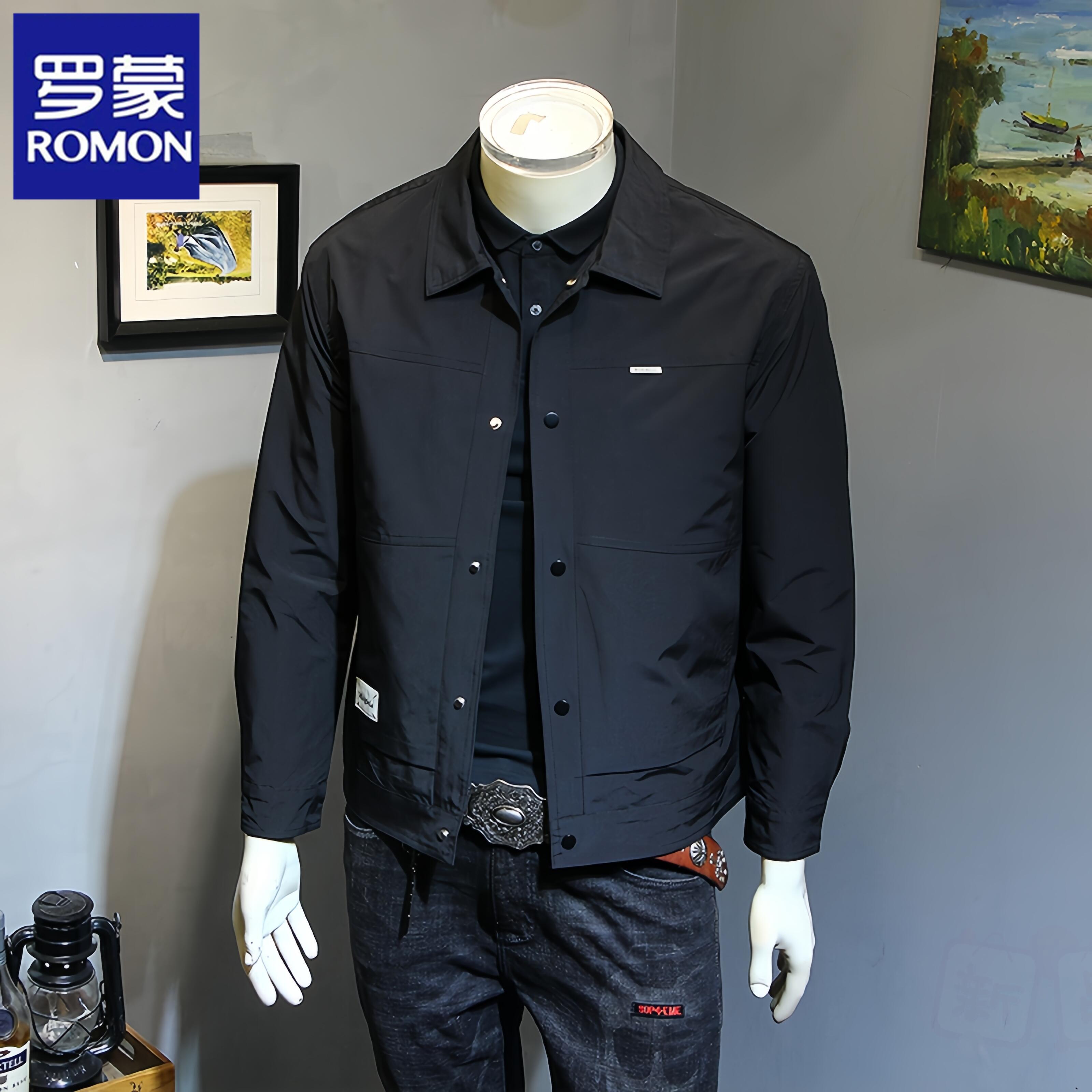 罗蒙夹克男士秋季潮流工装运动翻领上衣服纯色宽松休闲飞行员外套