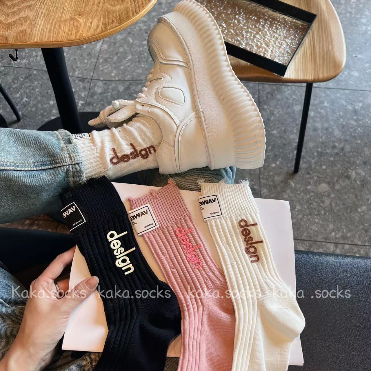 春夏破洞硅胶布标洋气时尚高级百搭韩版堆堆双针中筒女棉袜