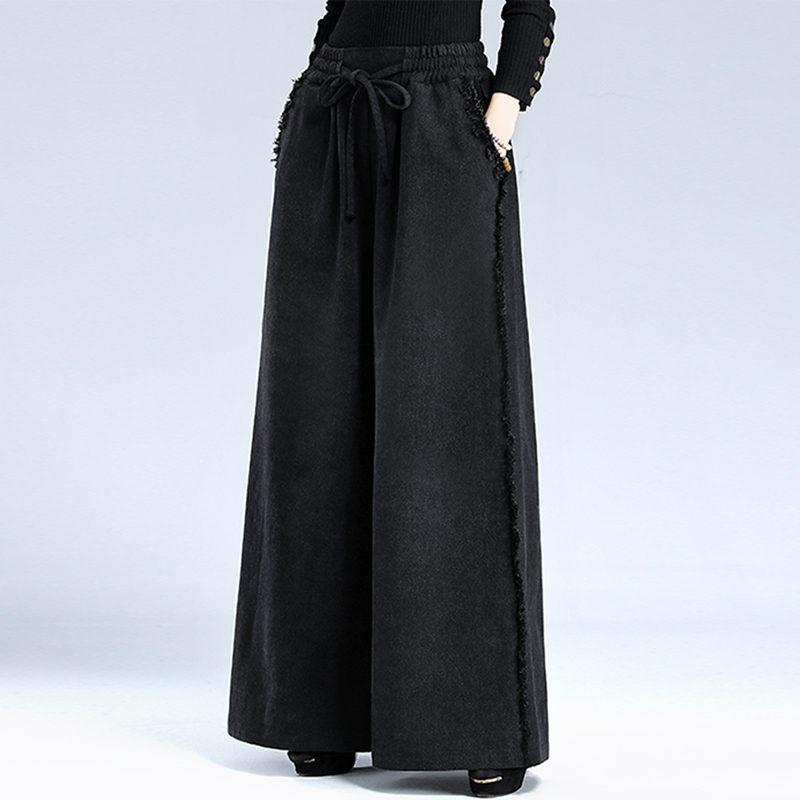 秋冬加绒松紧高腰牛仔阔腿裤女宽松显瘦大码黑色大裤脚时尚百搭