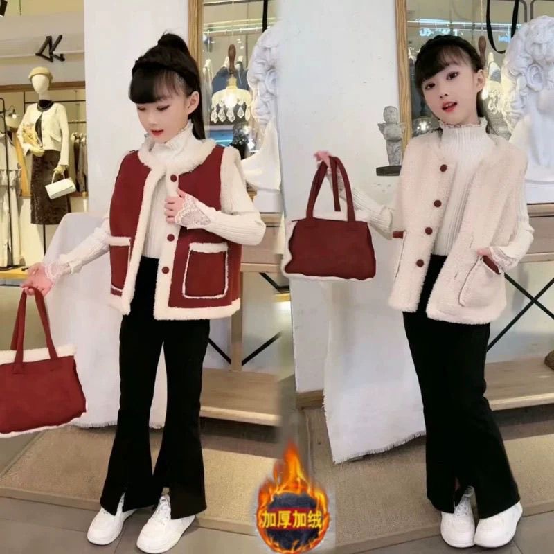 双面穿毛绒马甲*女童装秋冬新款冬装中大童洋气加绒加厚套装冬款