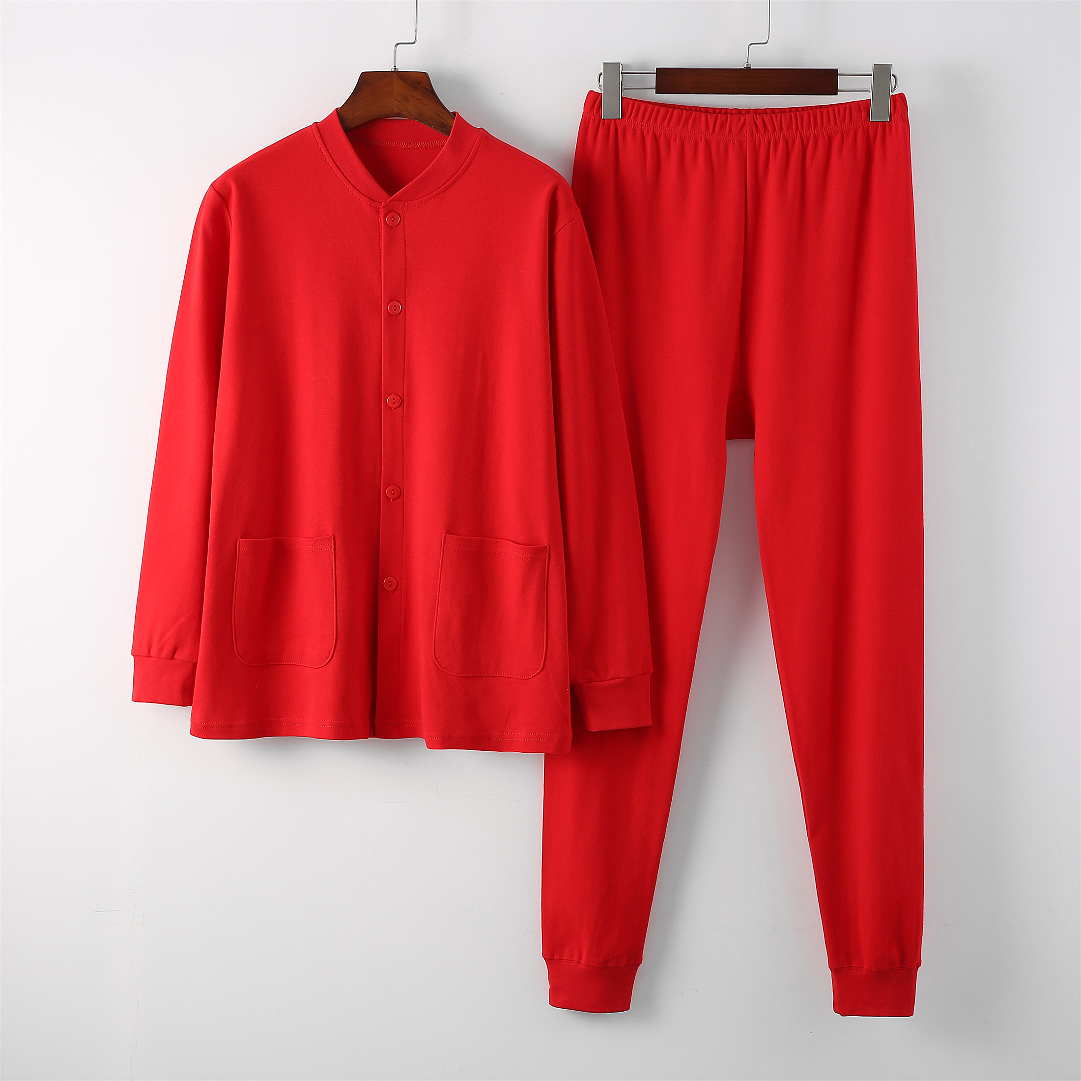 【过年红开衫套装】红色鸿运男棉内衣棉秋衣秋裤女大红色纯色针织