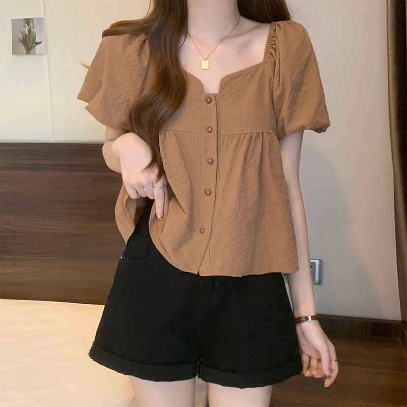 大码遮肚子法式正肩方领短袖衬衫女夏季胖mm显瘦单排扣泡泡袖上衣