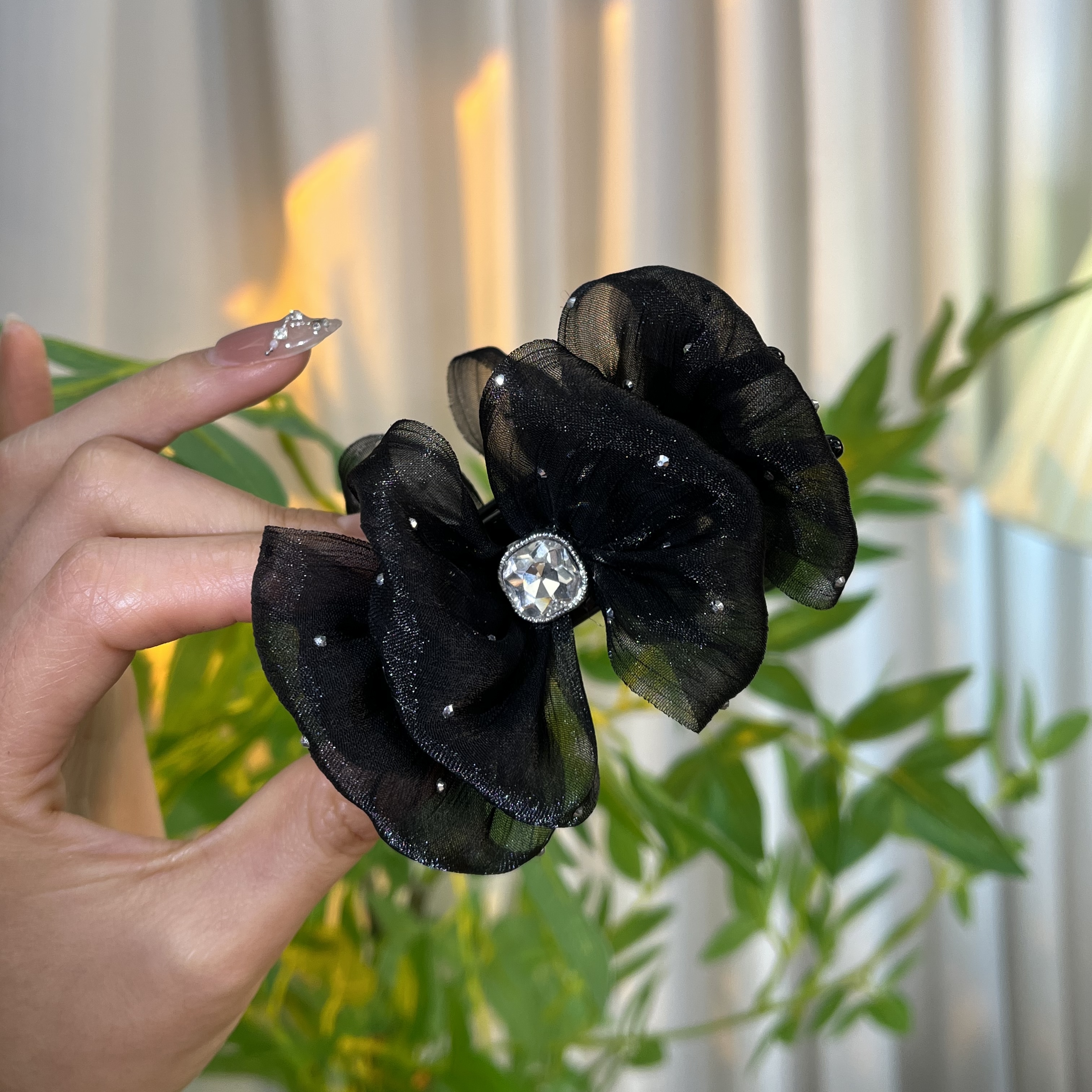 绢纱丸子头抓夹泡泡纱时尚黑色小香风发夹韩版