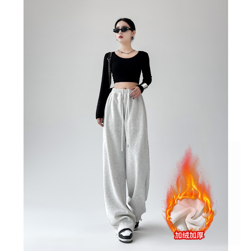 美式运动裤女冬款高腰宽松显瘦百搭阔腿裤外穿休闲加绒加厚卫裤子