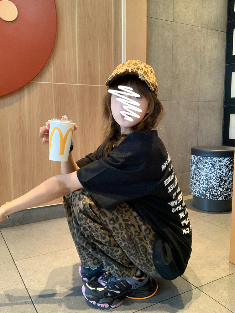 美式复古垂感豹纹牛仔裤女款潮牌欧美hiphop裤子宽松直筒阔腿长裤