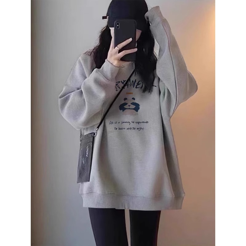圆领灰色加绒卫衣女冬季2025春秋韩版慵懒风休闲宽松百搭长袖上衣