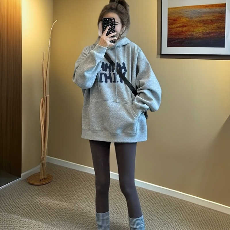 灰色连帽卫衣女韩版秋冬2025新款爆款宽松显瘦加绒加厚中长款上衣
