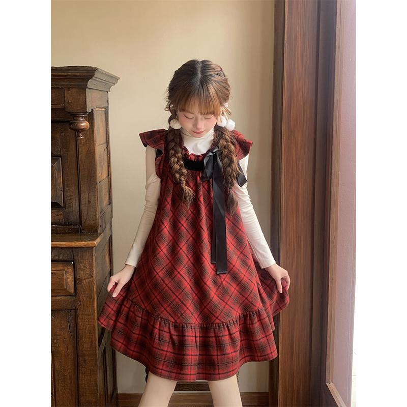 甜莓樱桃 sinsingirl 红色格纹背心裙圆领超好看连衣裙原创