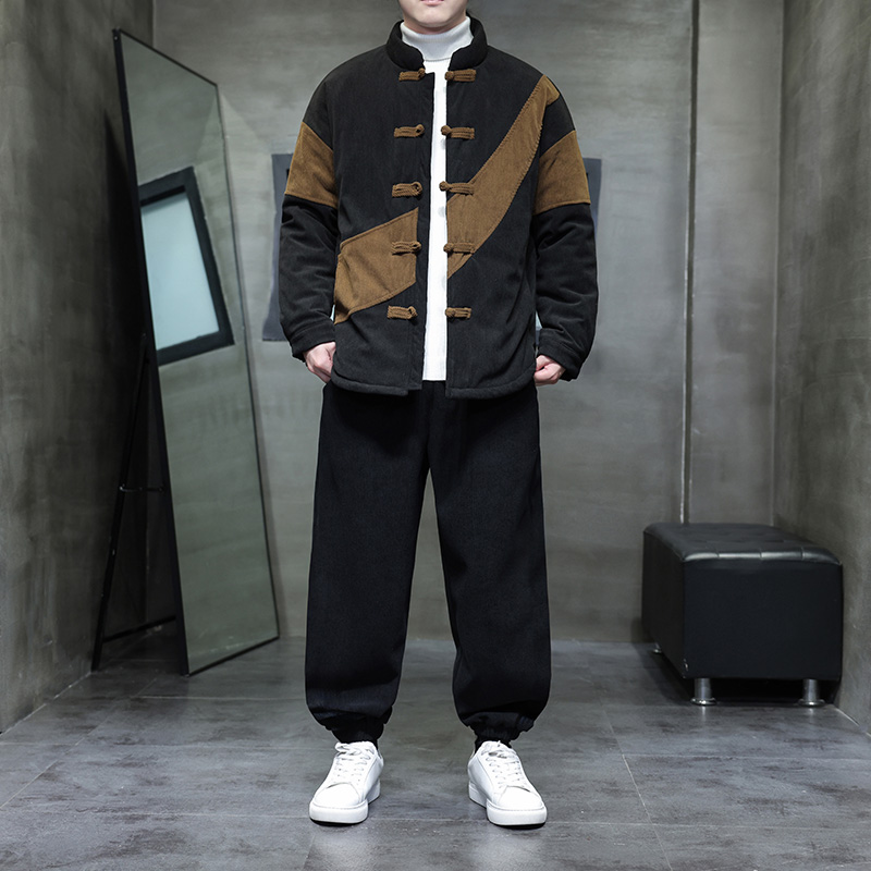 新款中国风男士棉衣两件套复古唐装加厚保暖新中式冬季灯芯绒套装