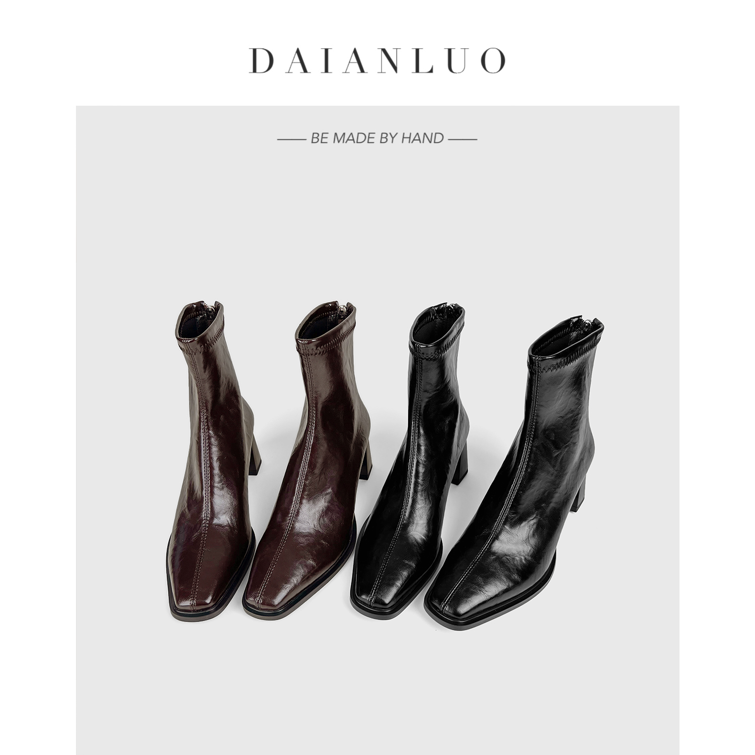 【跟高6cm】秋季新款高跟短靴女瘦瘦靴弹力靴女粗跟方头裸靴显瘦靴