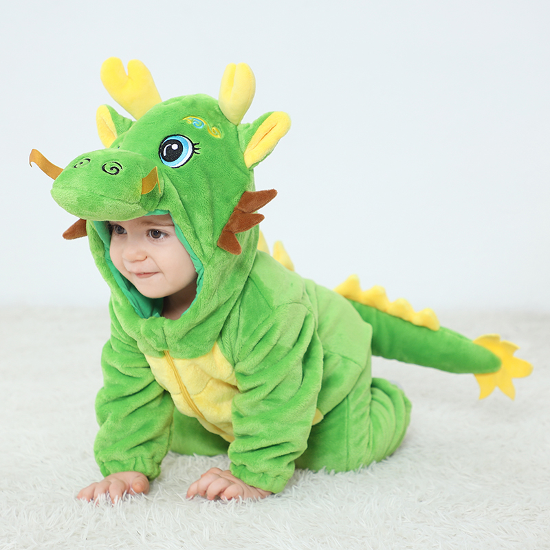 萌娃穿搭秋季新款0-3岁宝宝薄款外套哈衣生肖龙造型连体外出哈衣