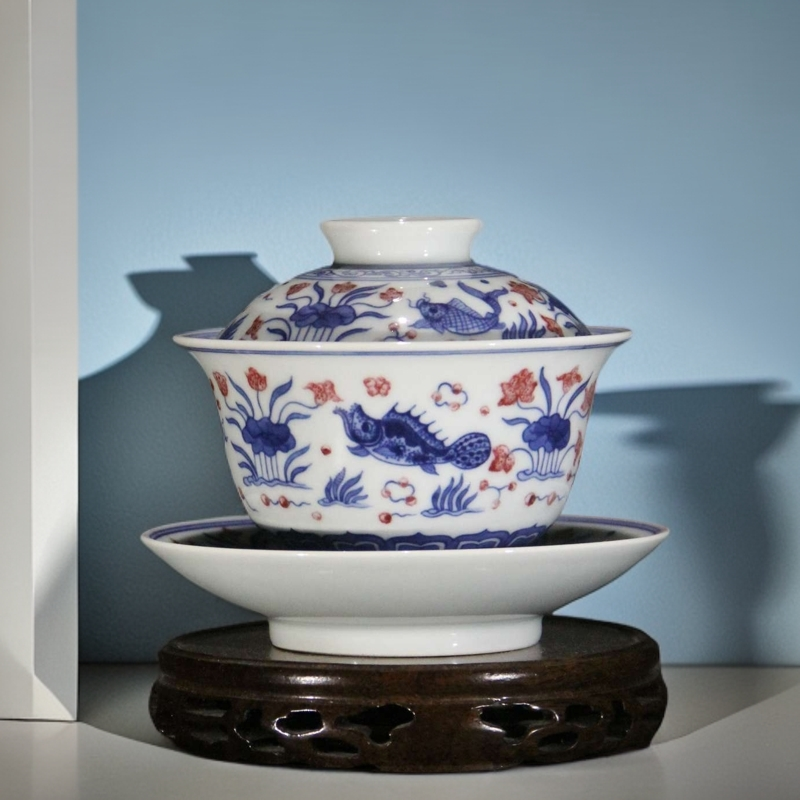 青花釉里红鱼藻纹三才盖碗容量200毫升全手工