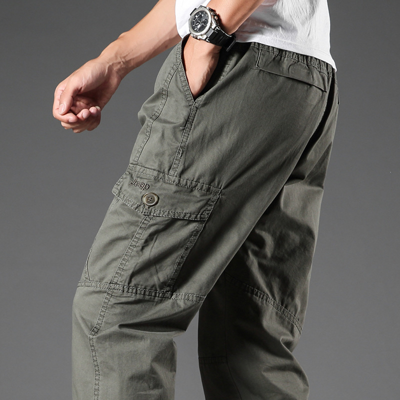 春秋季薄款纯棉休闲裤男工装裤多口袋宽松直筒裤大码青中年长裤子