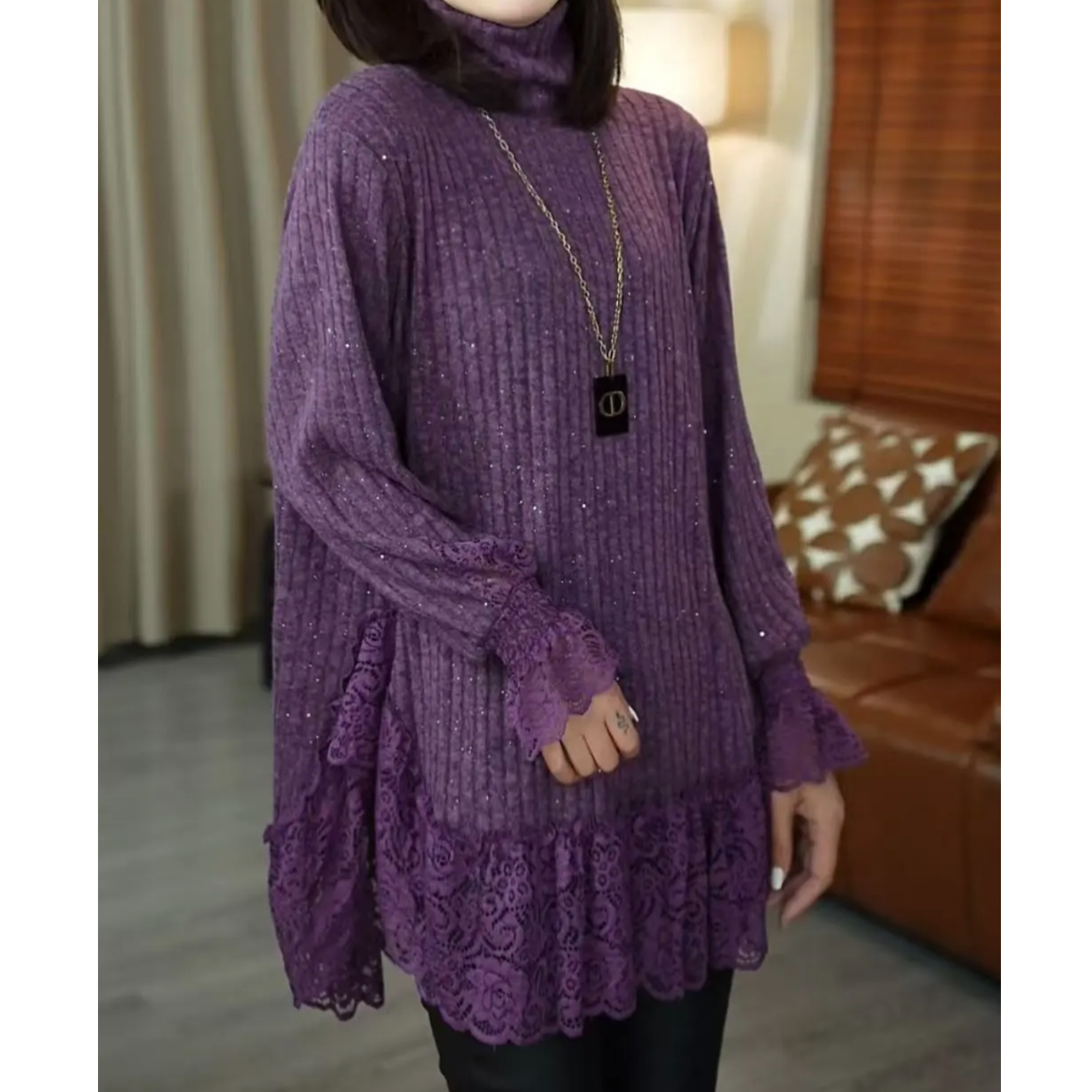 新款蕾丝拼接坑条弹力高领百搭秋冬上衣9076时尚