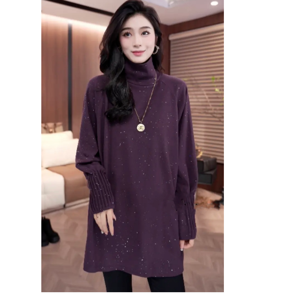 【878】闪闪亮袖口捏褶设计半高领绒里绒面洋气秋冬打底上衣女