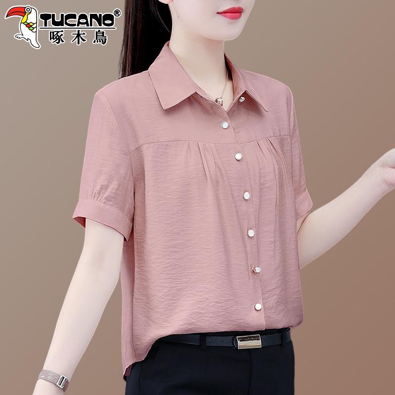 【官方】啄木鸟休闲短袖衬衫夏季新款雪纺衫衬衣女士宽松遮肚上衣