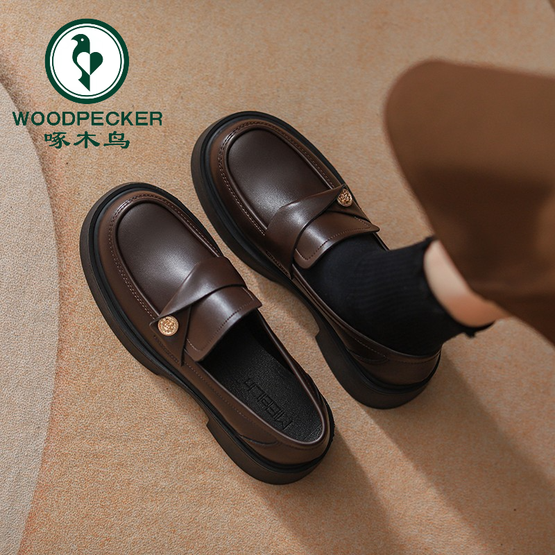 啄木鸟乐福鞋女2025新款女款鞋子百搭厚底一脚蹬单鞋英伦风小皮鞋