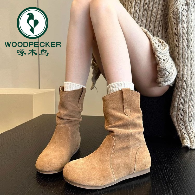 啄木鸟韩版磨砂软底褶皱短靴女美拉德配裙子套筒翻毛皮堆堆靴