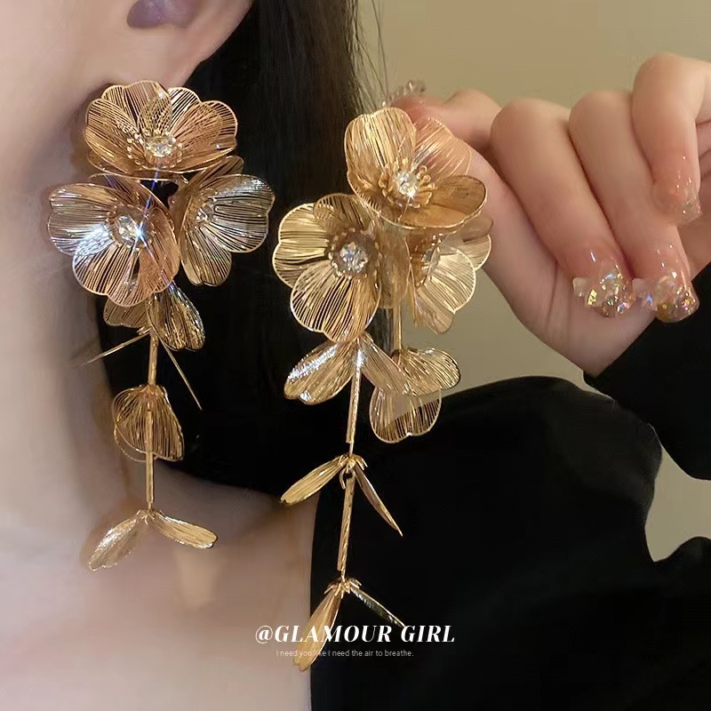 铜合金耳饰 银针时尚镶钻花朵长款欧美个性夸张设计耳坠气质耳饰