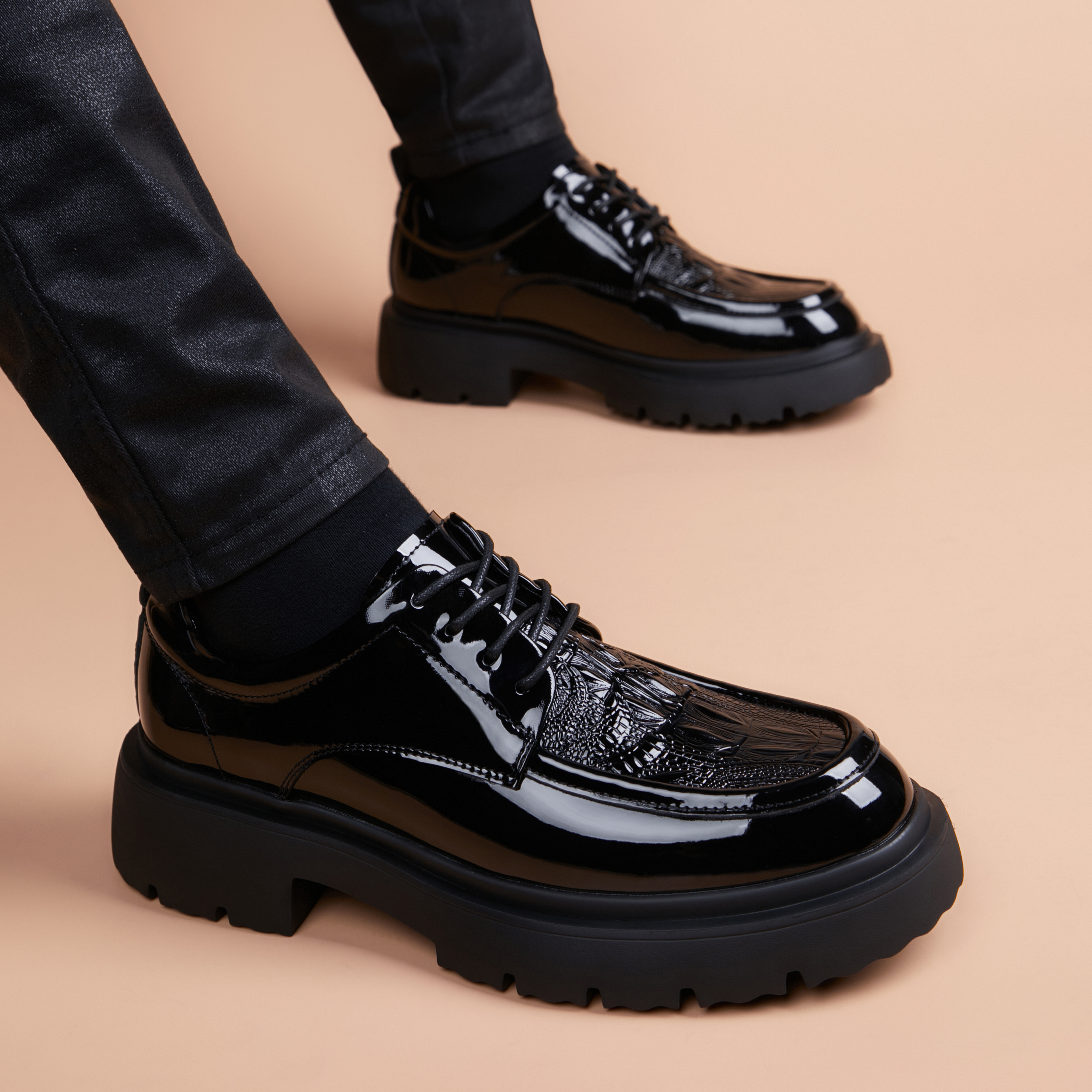 男士高端皮鞋潮流乐福鞋透气舒适系带男款皮鞋厚底内增高休闲皮鞋