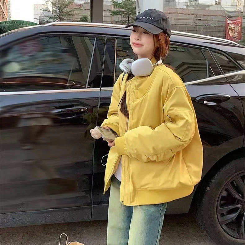 美式棒球服女冲锋衣宽松休闲学生短款夹克秋冬棉服大码夹棉衣外套