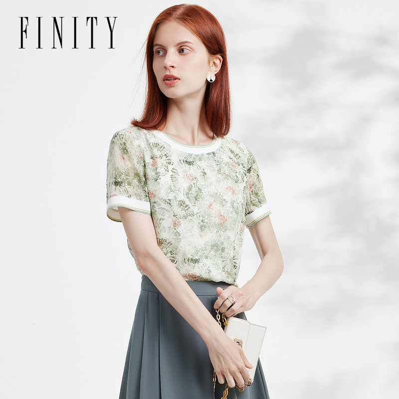 FINITY菲妮迪100%桑蚕丝新款百搭短袖清凉女休闲显瘦气质套头上装