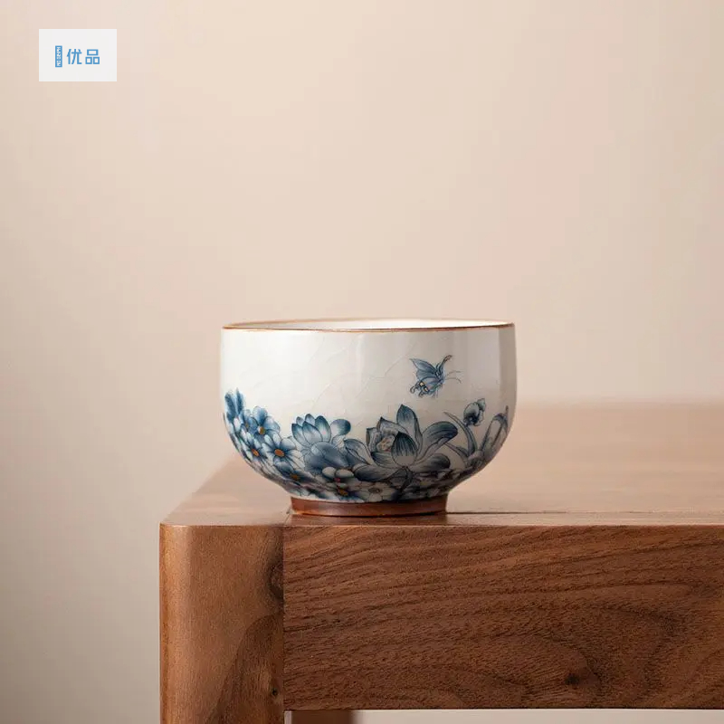 新款2024汝窑蝶恋花可开片可养线家用大号主人杯禅定杯茶具