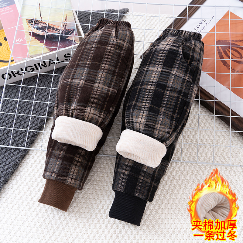 儿童宽松棉裤2023新款女童冬季一条过冬格子休闲外穿洋气裤子