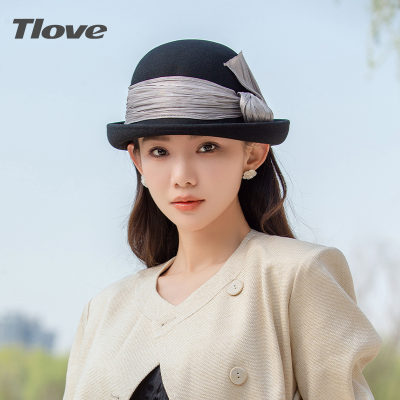 9455秋冬新款羊毛毡帽子女士优雅洋气真丝麻腰带卷边礼帽时尚冬帽