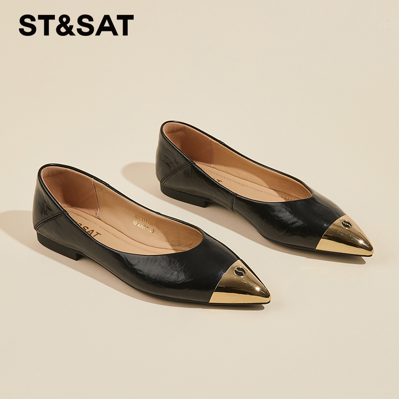 星期六平底法式气质黑金单鞋女2025秋季新款尖头小香风工作小皮鞋