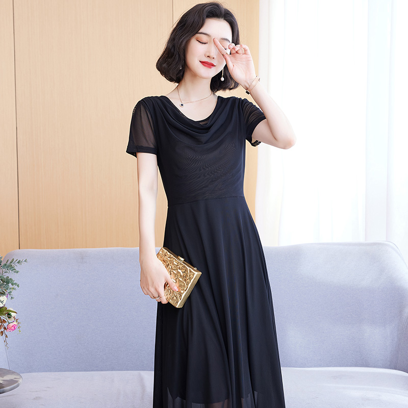 夏季短袖网纱连衣裙女2025春季新款修身显瘦中长款时尚气质长裙
