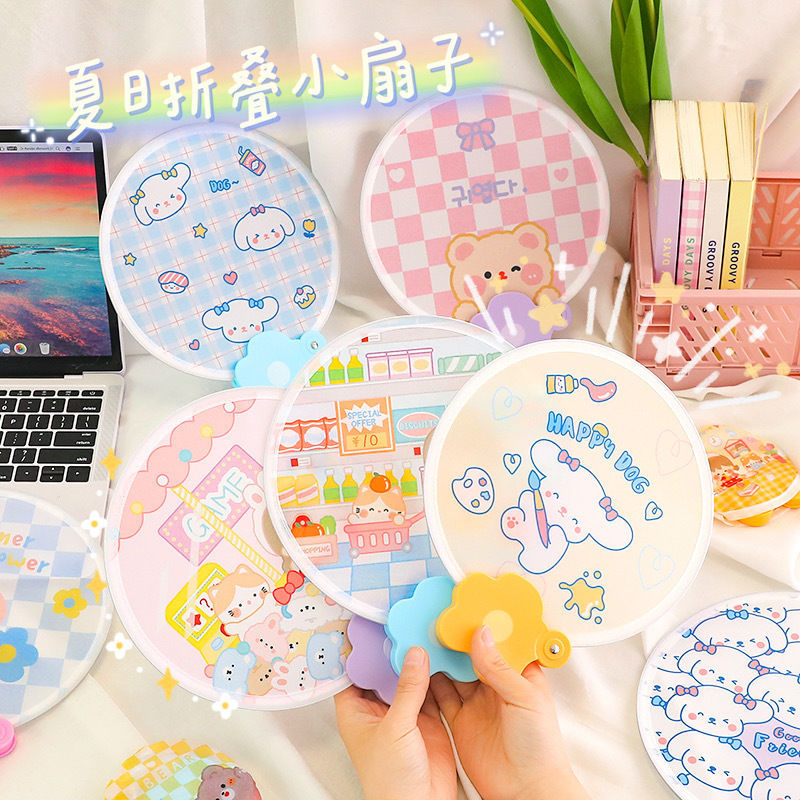 百顺心可爱日式折叠圆扇夏季便携迷你卡通半圆柄布面小扇子