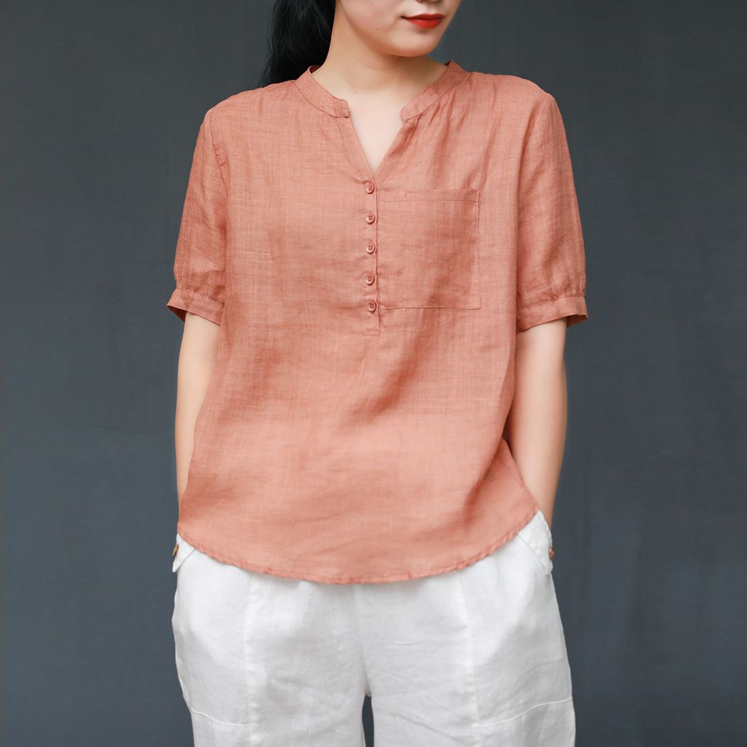 V领纯色大码衬衫女夏季新款复古文艺气质短袖宽松休闲显瘦衬衣女