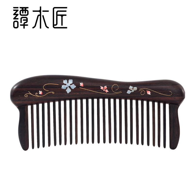【谭木匠】礼盒装镶齿梳花盈手工便携家用黑檀木梳子护理头发无柄