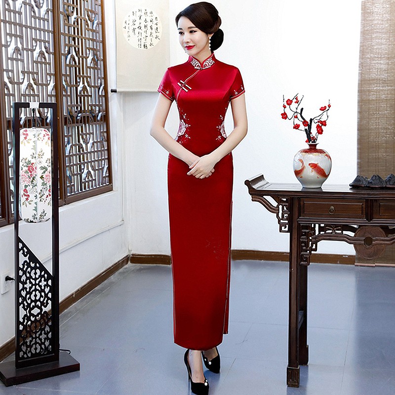 酒红色旗袍长款高贵改良妈妈装婚宴喜婆婆婚礼丈母娘中式礼服春夏