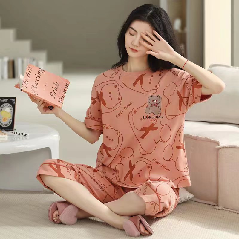 女士夏季睡衣女纯棉短袖七分裤可外穿家居服套装【20801】
