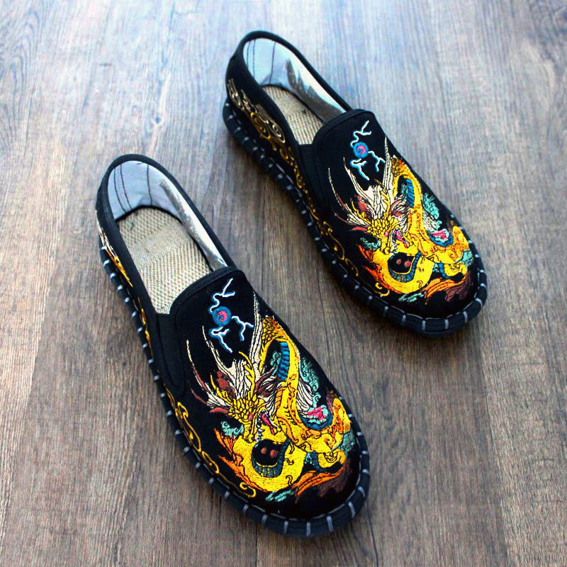 老北京布鞋男刺绣中国风夏季软底透气防臭手工西山一脚蹬社会脸谱