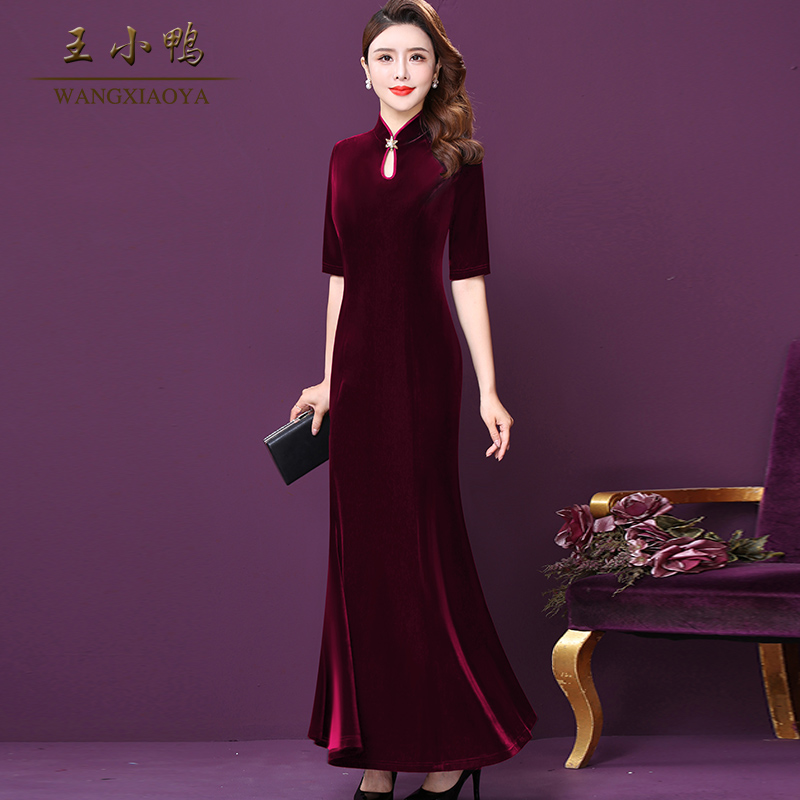 王小鸭W-A6-20019X洋气婚宴妈妈礼服贵夫人金丝绒嫁女儿旗袍气质