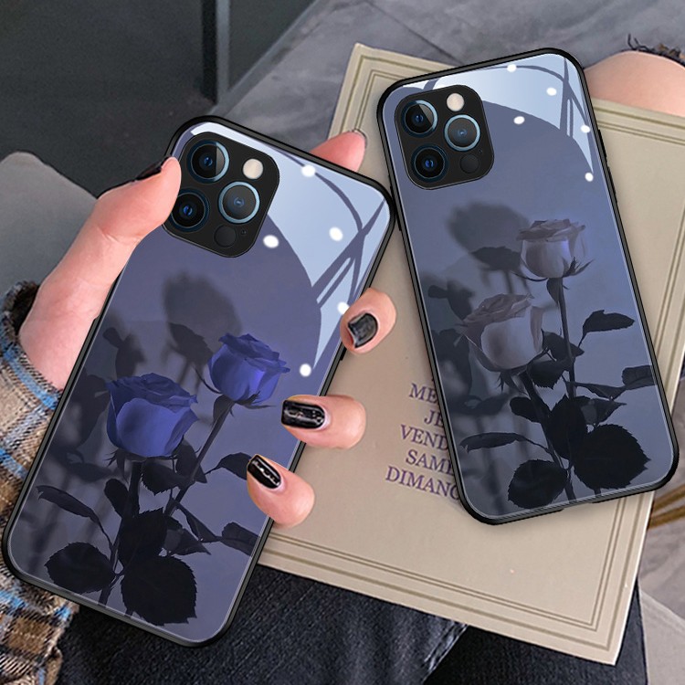 苹果/华为/vivo/oppo/小米 新款晕染玫瑰花钢化玻璃手机壳
