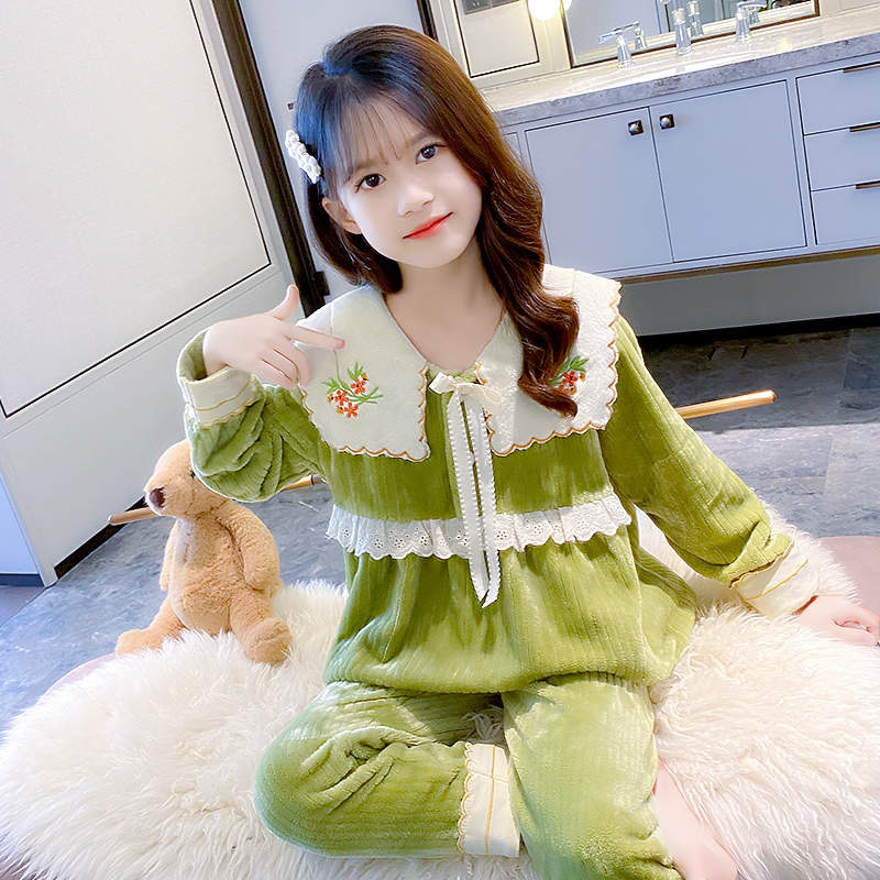 女童新品冬款法兰绒家居服中大童加绒套装儿童睡衣1596