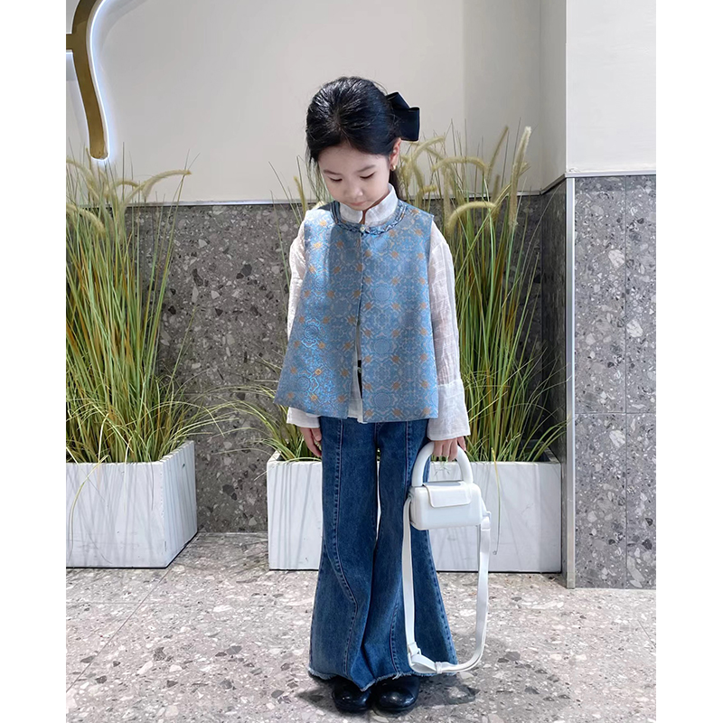 壹妈现货女童中国风套装儿童秋冬款洋气新中式提花马甲牛仔喇叭裤