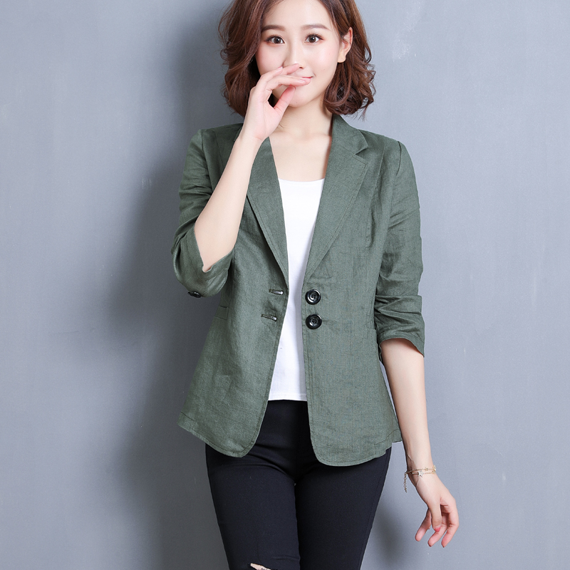 亚麻西装外套女2025年新款夏季薄款七分袖修身休闲百搭棉麻小西服