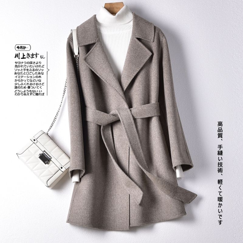 ZAIXI/再曦高档秋冬新款双面绒大衣女短款小个子简约系带毛呢外套