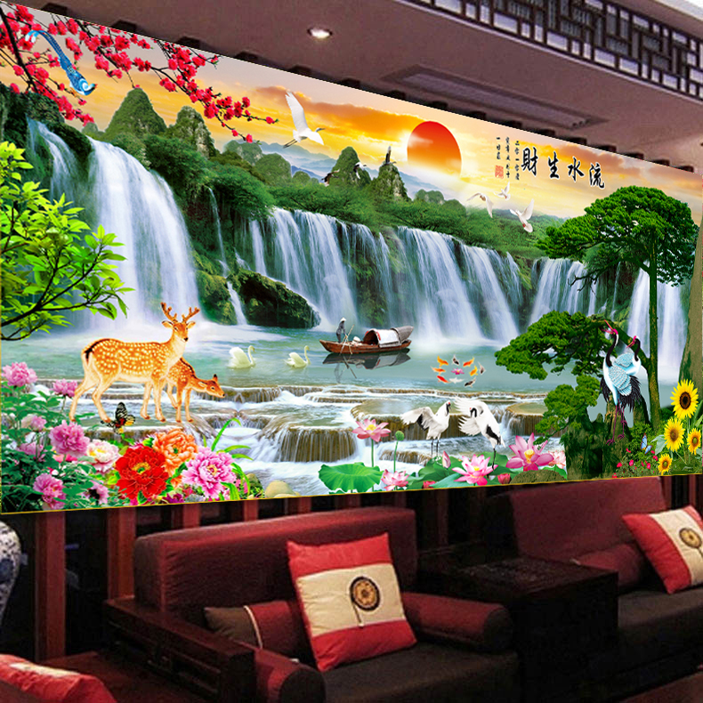 旭日东升十字绣2025新款绣客厅线绣大幅山水画流水生财自己绣手工