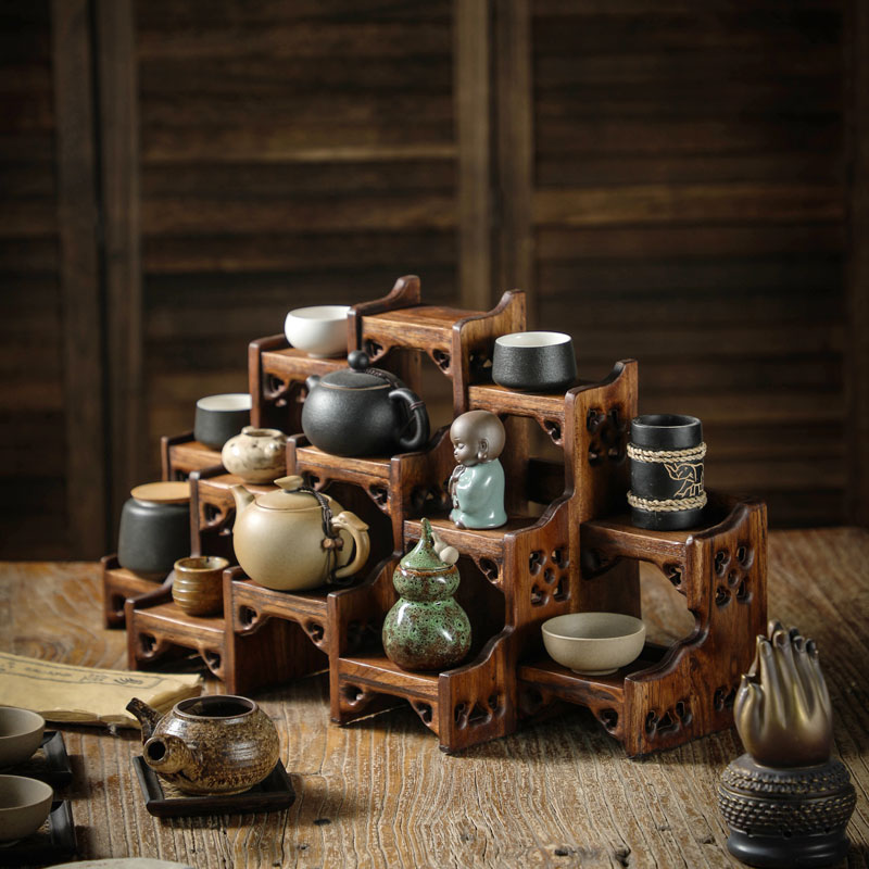 【高端实木】异丽复古桌面中式博古架实木茶壶紫砂壶架子置物架摆件