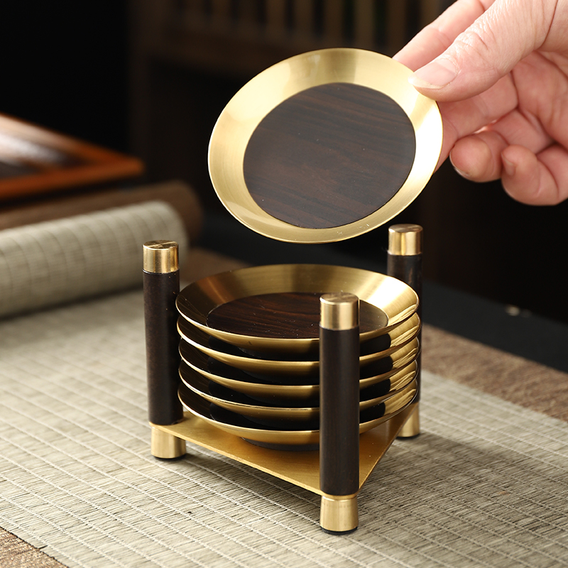 高档铜木茶杯垫轻奢新中式茶道实木茶垫茶托创意茶具杯垫木质隔热