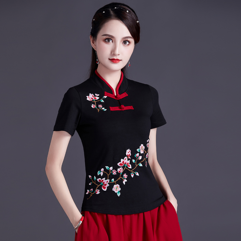 素依绣夏季新款民族风刺绣立领短袖打底衫复古文艺修身棉T恤上衣